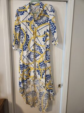 Everlily Linen Blend Hi-lo Blue & Yellow Rope-Print  Dress